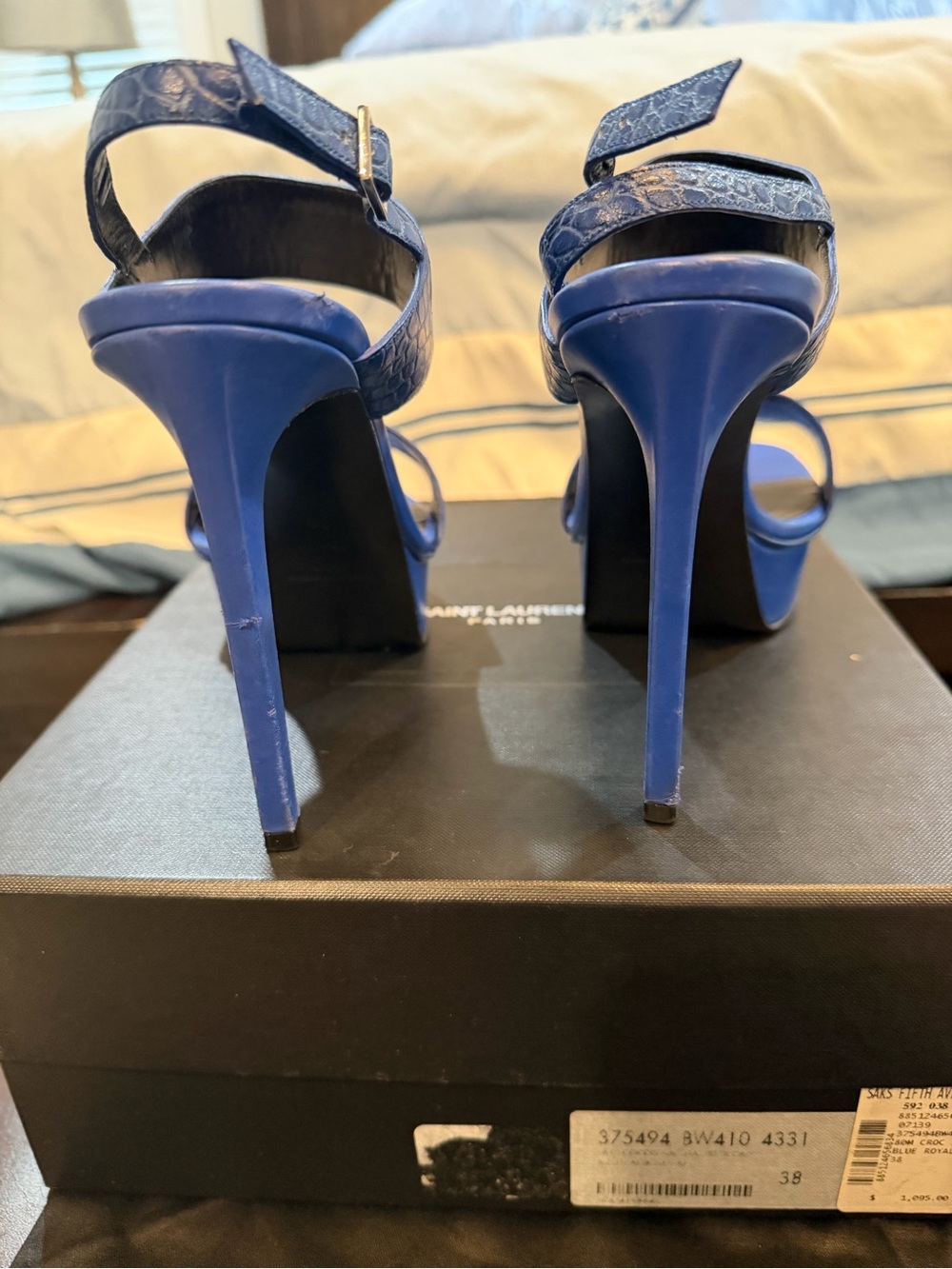 Yves Saint Laurent Cobalt Blue Croc-Embossed Platform Sandals size 38 - Picture 4 of 7